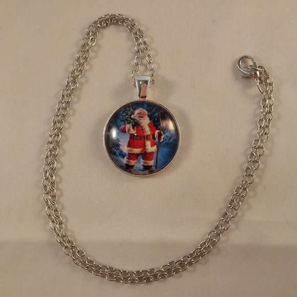 Silver Santa Claus Cabochon Pendant Necklace 20" Party Gift - Picture 3 of 3